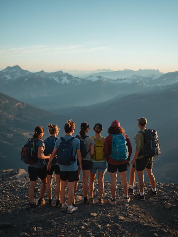 A diverse group of hikers, viewed from behind, are gathered on the summit after a strenous hike but elated that they have overcome the challenges. They are soaking in the majestic, snow-capped mountains rise in the