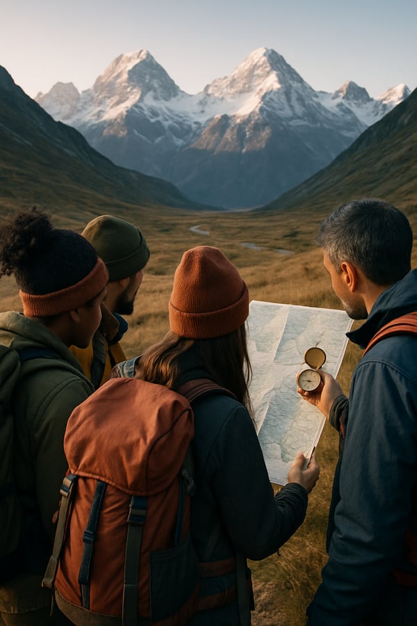 A diverse group of hikers viewed from behind are gathered around an unfolded topographical map meticulously planning their route One hiker holds a brass compass aligning it with the terrain before them Majestic snowcapped mountains rise in the distan